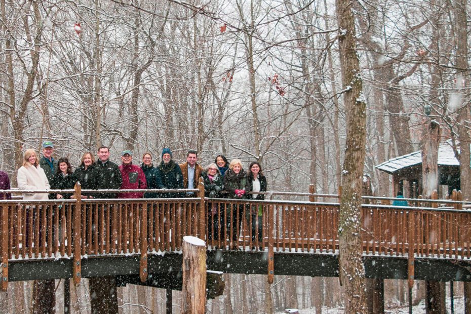People on a bridge in winter