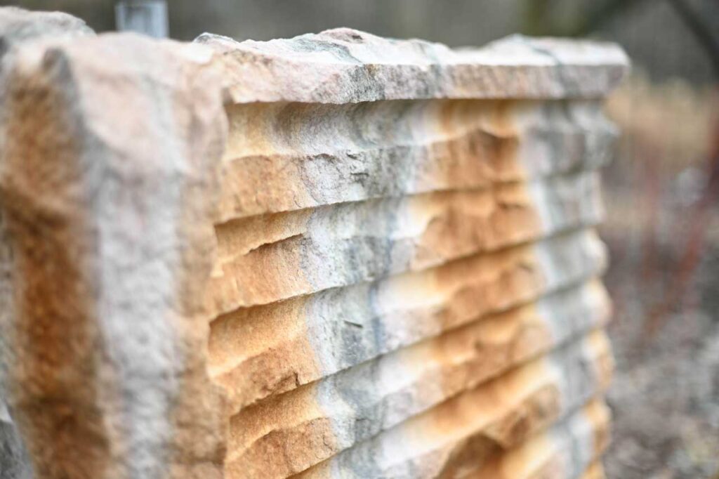 Detail of the hand carved stone piece in Eden Park's Hinkle Garden