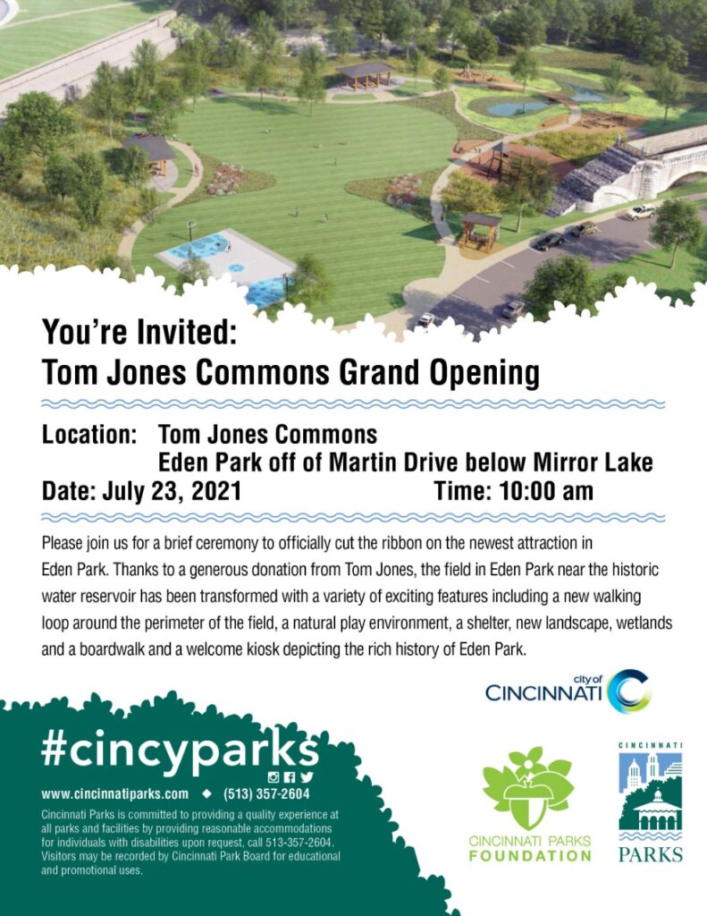 Tom Jones Commons Grand Opeing Invite for July 23 at 10 am in Eden Park
