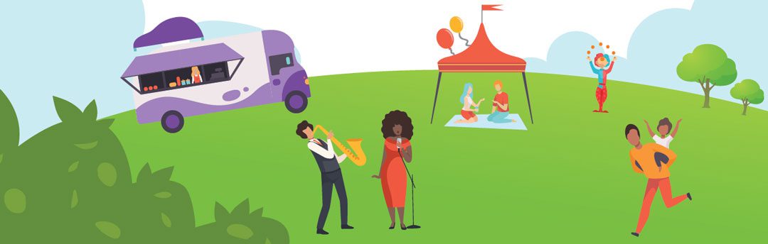 Decorative cartoon of family fun day in Cincinnati parks