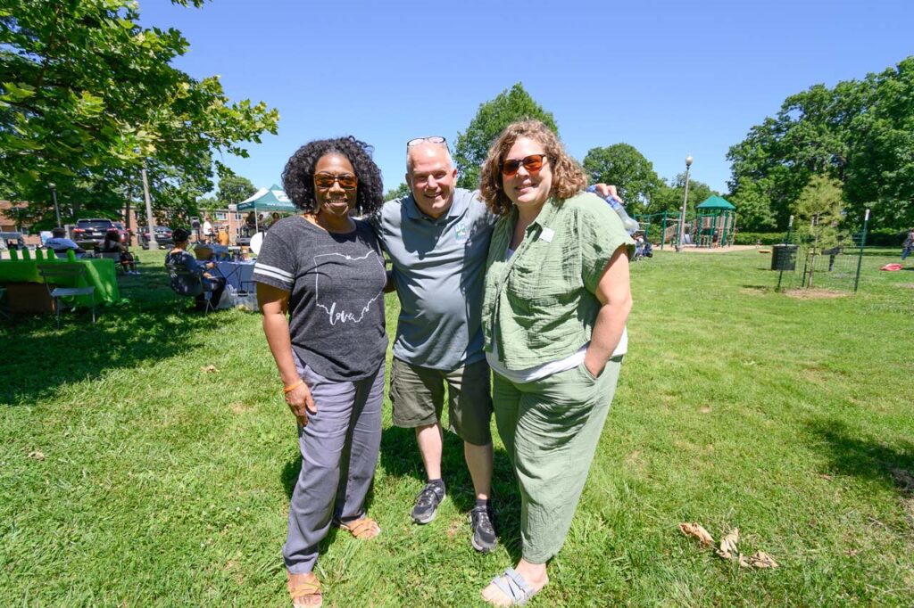 Park Board Commissioner Linda Lee Thomas, Cincinnati Parks Riverfront & Special Events Region Manager Lou Sand, and CPF Program Coordinator Colleen O'Connor at MLK Jr. Park.

