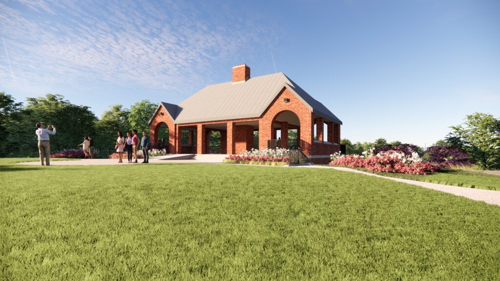 An architectural rending of the Owl's Nest Pavilion from the south facing perspective.